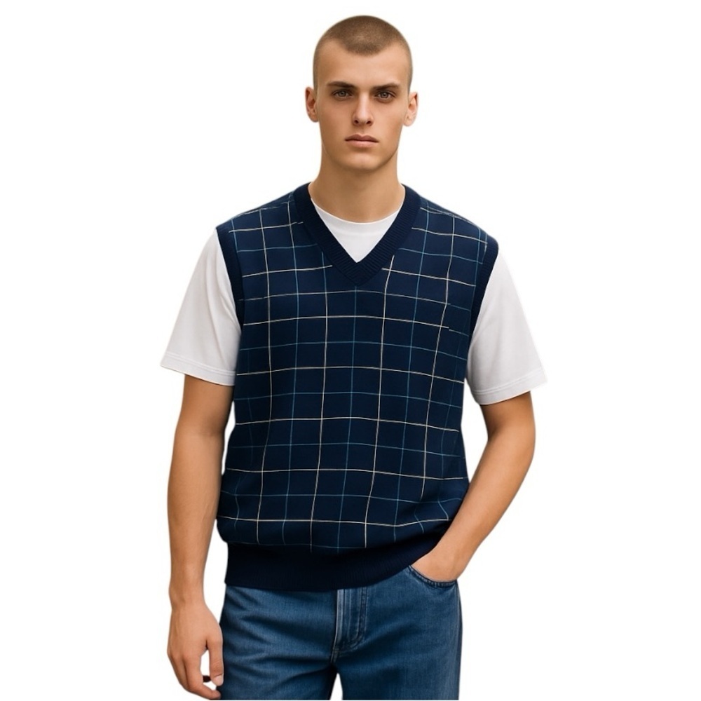 NAUTICA Men’s ribbed V-neck Grandpa Checkered sweater Vest L 100% Pima Cotton